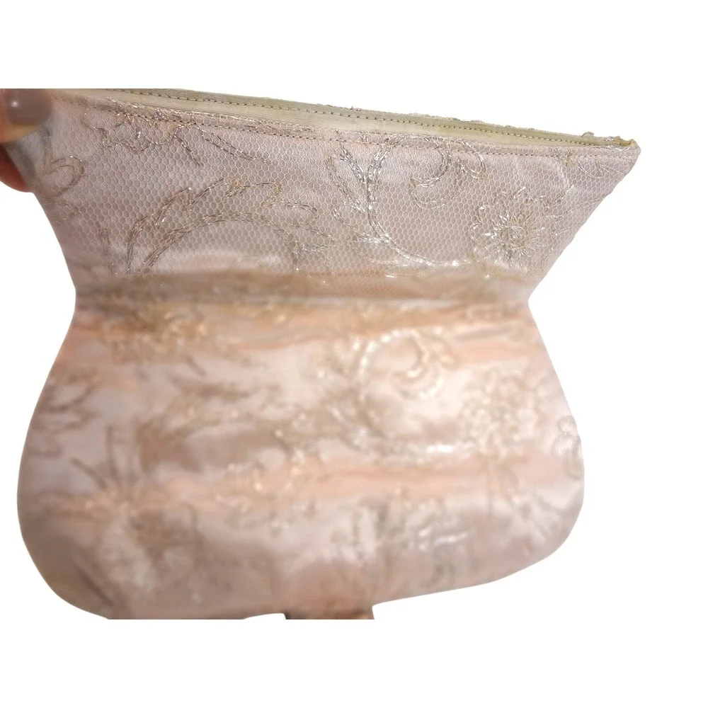 Clutch Bag Soft‎ Pink Floral Mesh Metallic Silver Thread Evening Bag